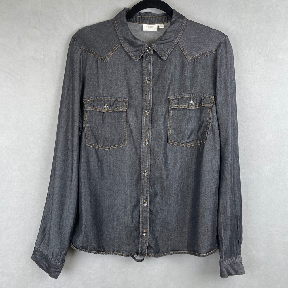 Cyrus Womens Dark Wash Lyocell Western Button Down Work Shirt Gray Eco Cowgirl M